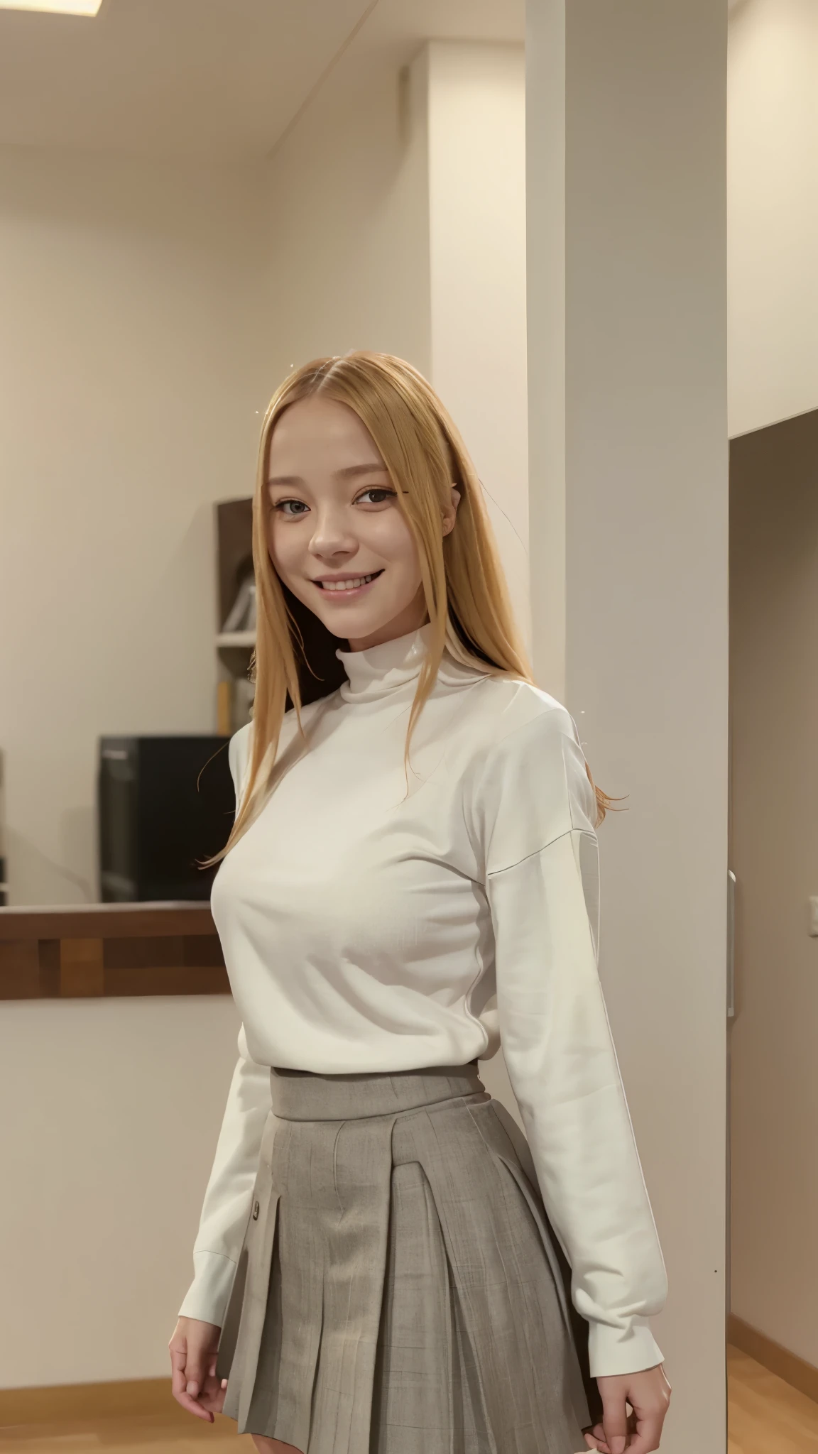 suhyundef, blonde hair, purple eyes, long hair, looking at viewer,
standing, upper body, turtleneck sweater, white shirt, black skirt, pleated skirt, arms at sides, smile,
masterpiece, best quality,
