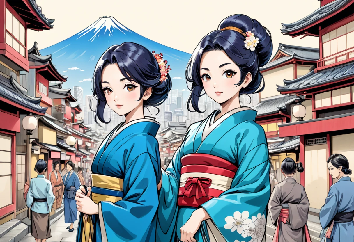 arte em tinta fina, comic style, portrait of japan, Old japan, Glamour de Osaka, bela arte de linha, comic style, manga style, manga art style, pencil and ink caricature drawing, coloring, , other positions, corpo inteiro. Japan Background, desenho colorido. Old japan city in background