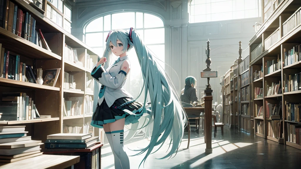 White haired Hatsune Miku、A library with an otherworldly atmosphere where books seem to float in the air