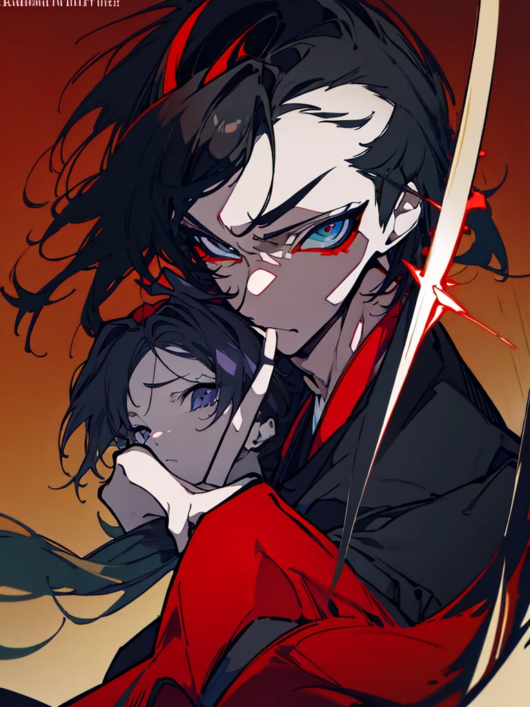 a close up of a person with a sword and a guy with a red dress, handsome guy in demon slayer art, best anime character design, detailed anime character art, anime character; full body art, anime character design a death god, character adoptable, handsome japanese demon boy, bloody + concept art, official character art, onmyoji detailed art, beautiful male god of death a close up of a person in a black dress with a gold belt, flowing white robes, white haired deity, genshin impact character, golden-black robes, picture of a male samurai and death god, d&d dark sun character art, official character art, portrait of ororo munroe, holding a katana, holding a katana, holding a katana, holding a katana, holding a katana, bloody, bloody, bloody, bloody, red and golden effects, red and golden effects, red effects, golden effects,black hair, black hair, black hair, black hair, black hair, golden effects, golden effects, BLUE eyes, BLUE eyes, BLUE eyes, BLUE eyes, badass, badass, badass, Full black hair, Full black hair, Full black hair