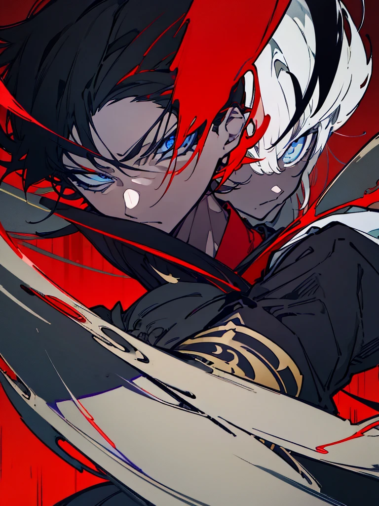 a close up of a person with a sword and a guy with a red dress, handsome guy in demon slayer art, best anime character design, detailed anime character art, anime character; full body art, anime character design a death god, character adoptable, handsome japanese demon boy, bloody + concept art, official character art, onmyoji detailed art, beautiful male god of death a close up of a person in a black dress with a gold belt, flowing white robes, white haired deity, genshin impact character, golden-black robes, picture of a male samurai and death god, d&d dark sun character art, official character art, portrait of ororo munroe, holding a katana, holding a katana, holding a katana, holding a katana, holding a katana, bloody, bloody, bloody, bloody, red and golden effects, red and golden effects, red effects, golden effects,black hair, black hair, black hair, black hair, black hair, golden effects, golden effects, BLUE eyes, BLUE eyes, BLUE eyes, BLUE eyes, badass, badass, badass, Full black hair, Full black hair, Full black hair