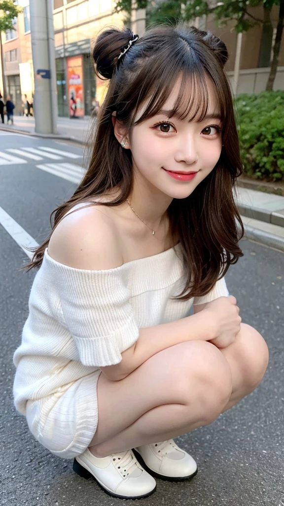 High resolution, top quality, perfect dynamic composition, beautiful and detailed eyes, off-shoulder, shiny hair, medium length hair, natural color lips, college student, Harajuku, smiling, squatting, M-shaped legs, bun hair