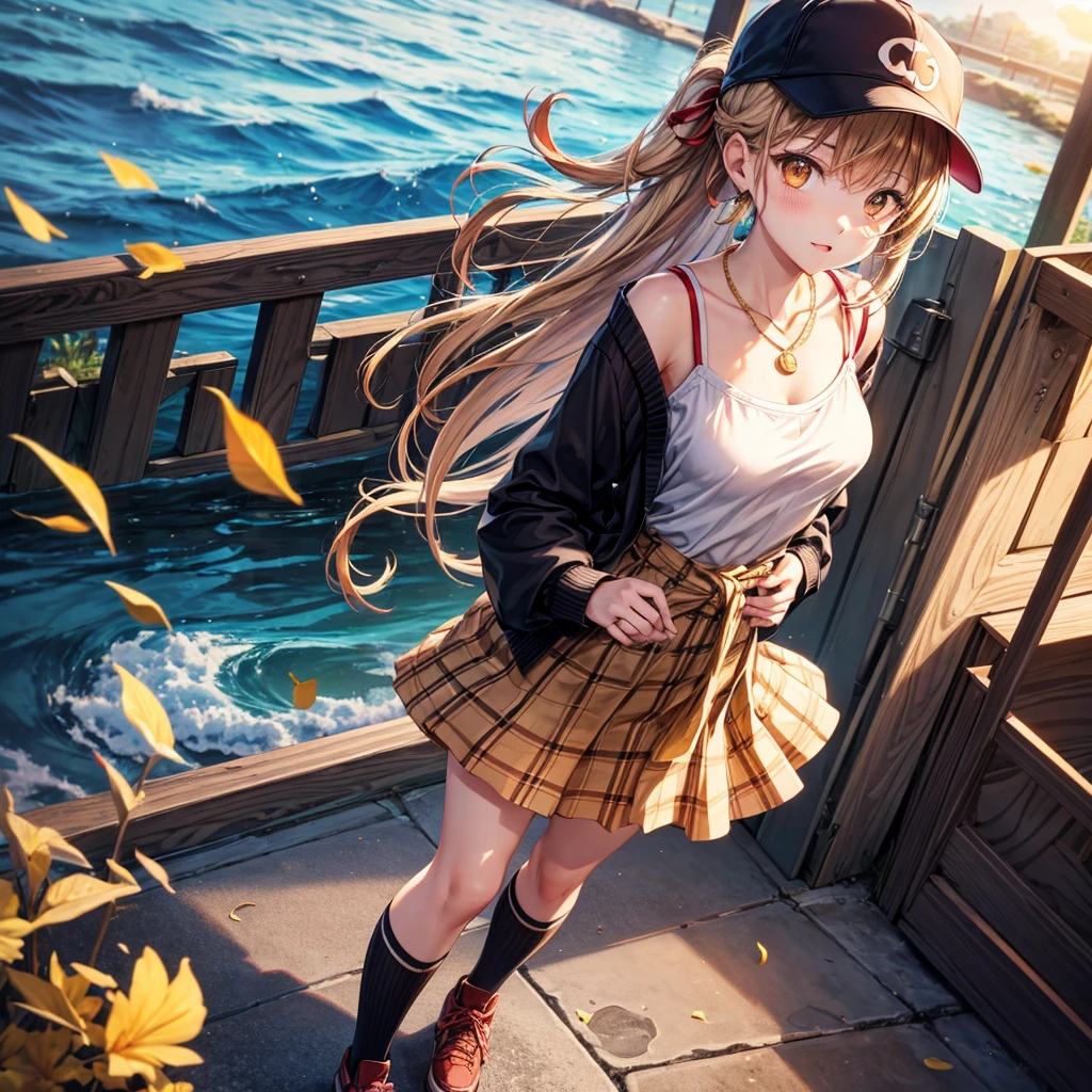 Red, brown, gold, gold hair、Golden Eyes、Hair tied up、One good looking girl、solo、anime、Checkered mini skirt、Ruffles on the skirt、camisole、camisole、Lightweight cardigan、Black knee-high socks、Wearing a baseball cap、Ribbon、Ribbon on waist、Teeth are visible、Sunset sky、Cumulonimbus、Silver coin necklace、shine、From above、Sparks are flying、tunnel、Cobblestones、Hands in pockets、waterfall、Clear Stream