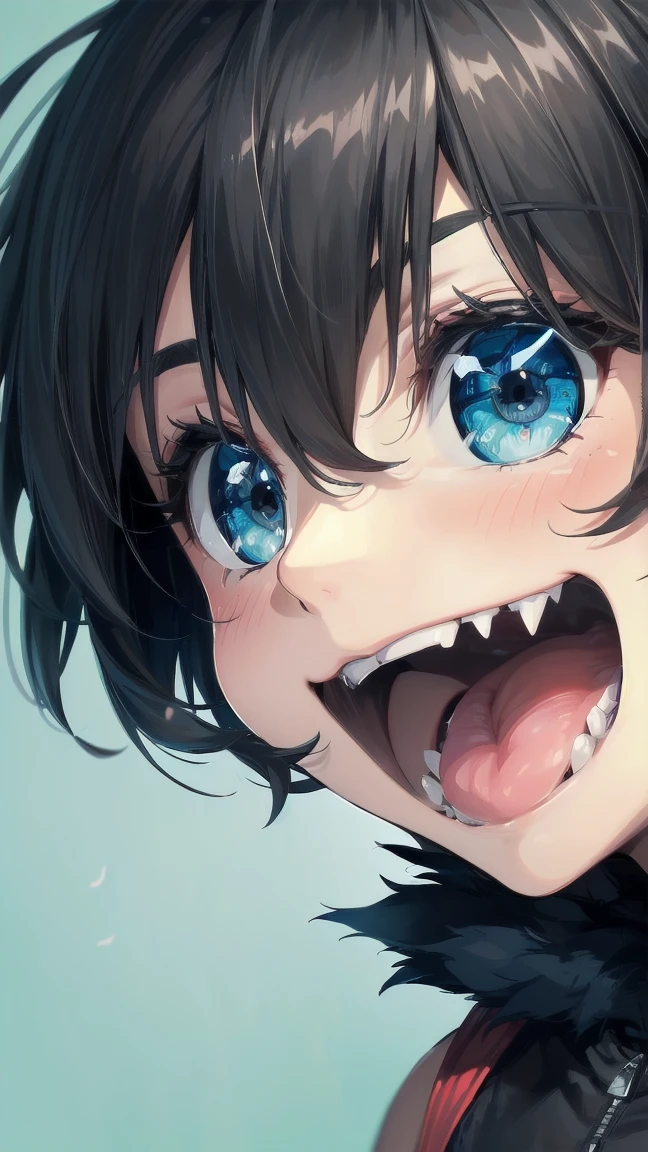 Close-up of a cartoon girl with blue hair and a yellow shirt, 2D Animation, 2D Animation style, 2D Art, 2D Art, 2D from Gorillaz, 2D from Gorillaz, 2D Gorillaz, Screaming Cerket, 2D Sprites, Jinx Face, short hair, Small breasts, hot pants, ((Black Hair, Bright blue fur inside:1.4))