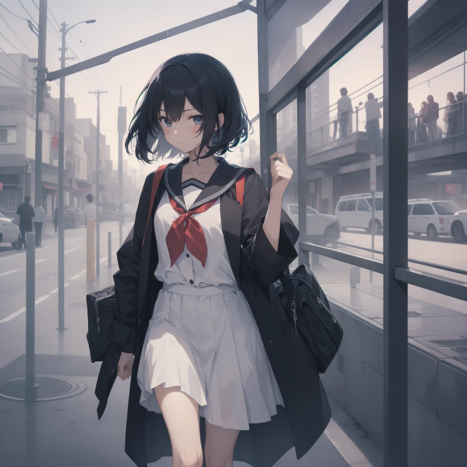 ultra-absurdres-Top quality by artist God, ultra-detailed, high resolution, anime moe artstyle, best anime 8k konachan wallpaper, pixiv contest winner, pool:2810, perfect anatomy,break, 1girl, (Please draw a girl walking sleepily to school alone. )break,(Solo,little female, 13-year-old:1.3),Full limbs, complete fingers,a junior high school student, (very short hair), short cut, flat chest, , small butt, small black eyes, beautiful detailed eyes, well-proportioned iris and pupils, expressive eyes, highres detailed hair, soft expression, salor school_uniform, sailor collar, serahuku, bow, pleated skirt,(Detailed Lighting), (Detailed background), in the School commute route. break,super detailed skin, Best cinematic lighting powered by famous artist, 8k,beauty illustration,photoshop_(medium),very aesthetic,break,((artist:wa_(genryusui) )), artist:clamp ,artist:carnelian ,artist:kantoku ,