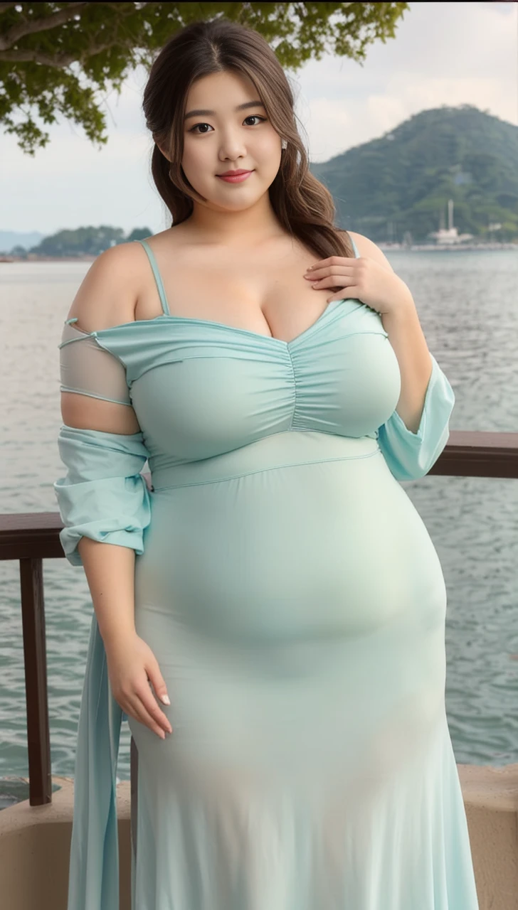 ((best quality)), ((masterpiece)), (detailed), perfect face, araffeTight skirtsShort , thicc, wavy short hair, she has a jiggly fat round belly, bbwchan, wearing tight simple clothes, skinny waist and thick hips, widest hips, her belly is fat and round, soft curvy shape, hyperrealistic full figure, wearing a cute top, wide hips, Blue swimsuit,On the beach by the seaBlue