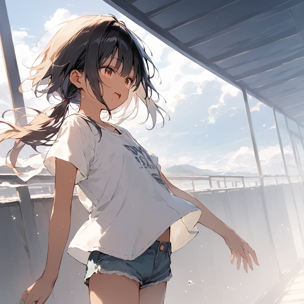 score_9, score_8_up, score_7_up, source_anime, best quality, masterpiece, official art, absurdres, highres, ultra-detailed,waifu2x,Collection: Slice of Life,break,1girl, tomboy, dark-skinned female, short hair, low ponytail, flat chest, beautiful detailed eyes, short shorts, sweat, open mouth, (yawn:0.3), sleepily, outdoors, wind, break,(clear line illustration:1.2),very high resolution, very aesthetic, super detailed skin, Best sexual lighting powered by famous artist, 8k,cute picture,beauty illustration,photoshop_(medium),,(Detailed Lighting),best anime 8k konachan wallpaper, pixiv contest winner,