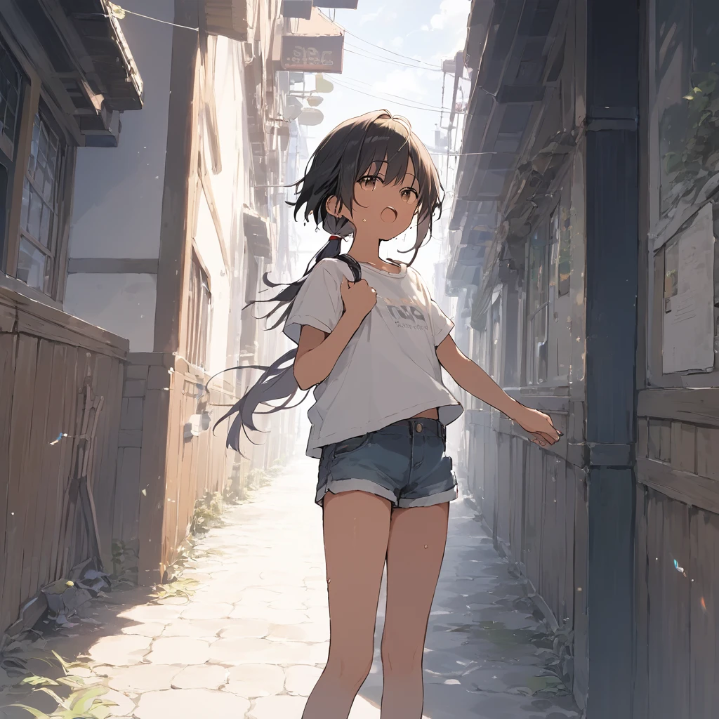 score_9, score_8_up, score_7_up, source_anime, best quality, masterpiece, official art, absurdres, highres, ultra-detailed,waifu2x,Collection: Slice of Life,break,1girl, tomboy, dark-skinned female, short hair, low ponytail, flat chest, beautiful detailed eyes, short shorts, sweat, open mouth, (yawn:0.3), sleepily, outdoors, wind, break,(clear line illustration:1.2),very high resolution, very aesthetic, super detailed skin, Best sexual lighting powered by famous artist, 8k,cute picture,beauty illustration,photoshop_(medium),,(Detailed Lighting),best anime 8k konachan wallpaper, pixiv contest winner,