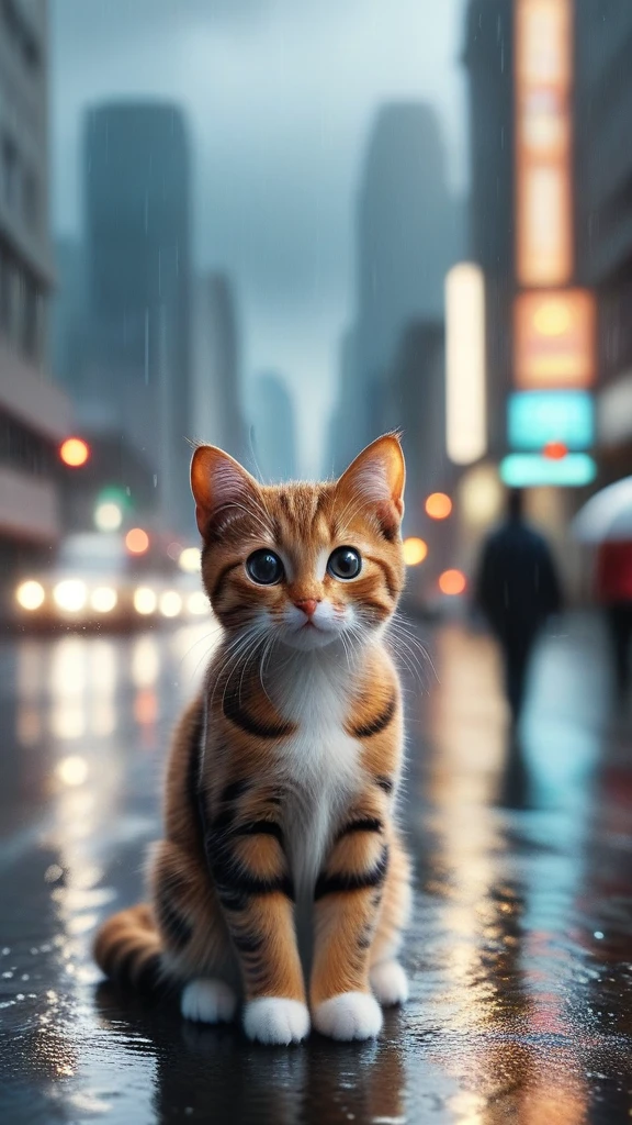 best quality,high resolution,realistic,extremely detailed,8k,crisp,vibrant detailed, Stray kitten soaked in the rain Looking At Camera, sorauama, Cityscape, evening, rain, masterpiece,horrorAI, cinematic, Ultra-detailed 