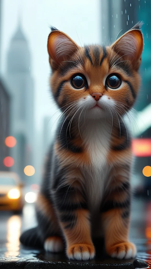 best quality,high resolution,realistic,extremely detailed,8k,crisp,vibrant detailed, Stray kitten soaked in the rain Looking At Camera, sorauama, Cityscape, evening, rain, masterpiece,horrorAI, cinematic, Ultra-detailed 