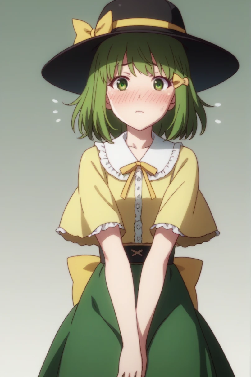 best quality, komeiji_koishi, 1girl, third_eye, yellow_shirt, black_hat, green_hair, frilled_sleeves, highres, frilled_shirt_collar, wide_sleeves, hat_bow, green_eyes, green_skirt, heart_of_string, yellow_bow, hat_ribbon,  diamond_button, yellow_ribbon, eyeball, waist band, thin female,  embarassed, shy, arms between legs, blush