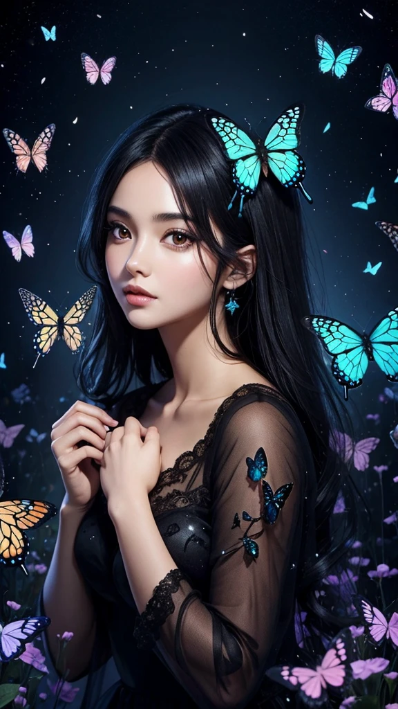 A beautiful black-haired woman surrounded by luminous butterflies