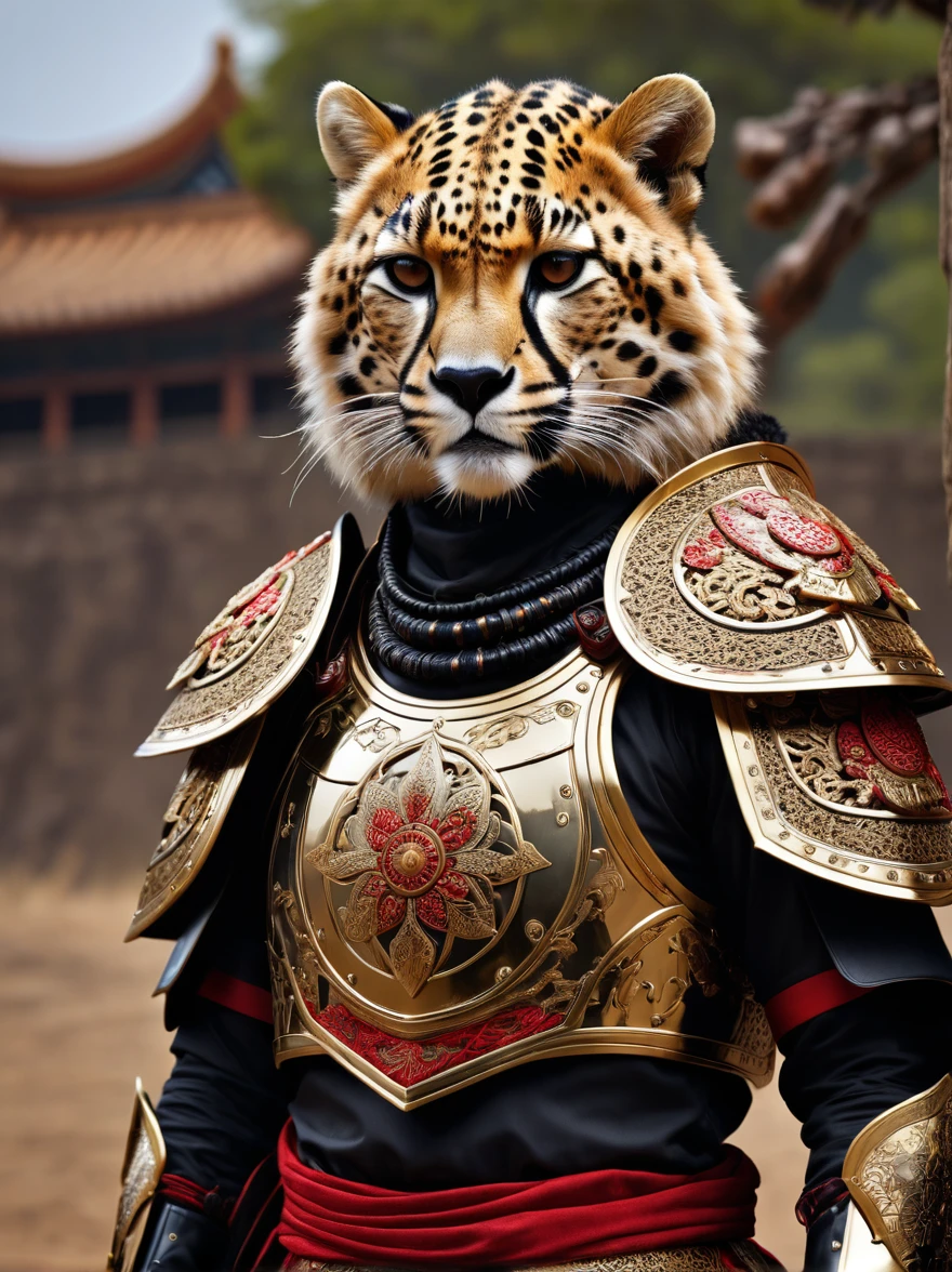 RAW photos，Lifelike photos of anthropomorphic creatures，Complex Ultra Detailed（Full body image）A ferocious cheetah warrior，Wearing a complete set(Carcass Armor)and a(Beautifully decorated large(Spade Helmet)Samurai helmet)，(Beautiful embroidery)，Shiny armor plates，Detailed different textures，((Specular Highlights))，(Subsurface scattering)，((150 mm))，Volumetric Light，HDR，((Extremely complex))，(Intricate details)，grace，Beautiful background，Octane Rendering，8K，Best quality，masterpiece，Extremely delicate and beautiful，Extremely detailed，(lifelike，照片般lifelike:1.5)，amazing，Fine details，masterpiece，Best quality，Official Art，Extremely detailed的8K壁纸，(great composition)，Exotic decoration，HDR，High contrast，Big head inside helmet，Red black gold，Soft edge light，(Exposure Blending)，Cute paws，The katana is tied around the waist，majesty，victory，mighty