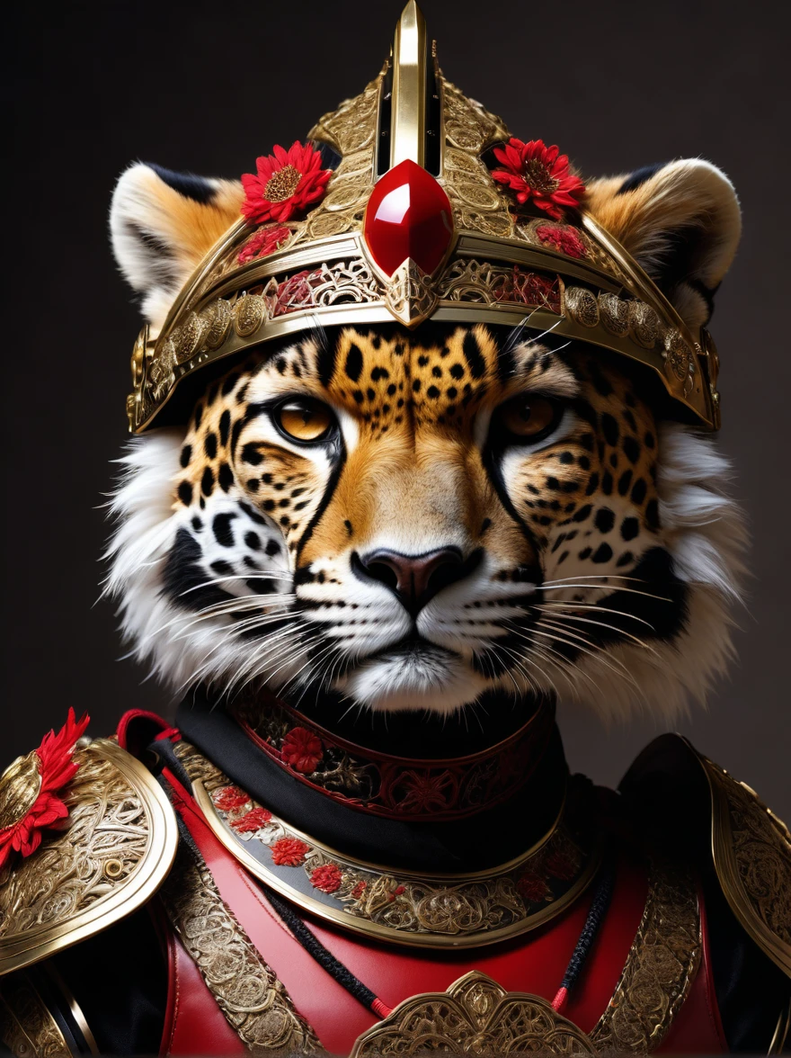 RAW photos,Lifelike photos of anthropomorphic creatures,Complex Ultra Detailed(Full body image)A ferocious cheetah warrior,Wearing a complete set(Carcass Armor)and a(Beautifully decorated large(Spade Helmet)Samurai helmet),(Beautiful embroidery),Shiny armor plates,Detailed different textures,((Specular Highlights)),(Subsurface scattering),((150 mm)),Volumetric Light,HDR,((Extremely complex)),(Intricate details),grace,Beautiful background,Octane Rendering,8K,Best quality,masterpiece,Extremely delicate and beautiful,Extremely detailed,(lifelike,照片般lifelike:1.5),amazing,Fine details,masterpiece,Best quality,Official Art,Extremely detailed的8K壁纸,(great composition),Exotic decoration,HDR,High contrast,Big head inside helmet,Red black gold,Soft edge light,(Exposure Blending),Cute paws,The katana is tied around the waist,majesty,victory,mighty