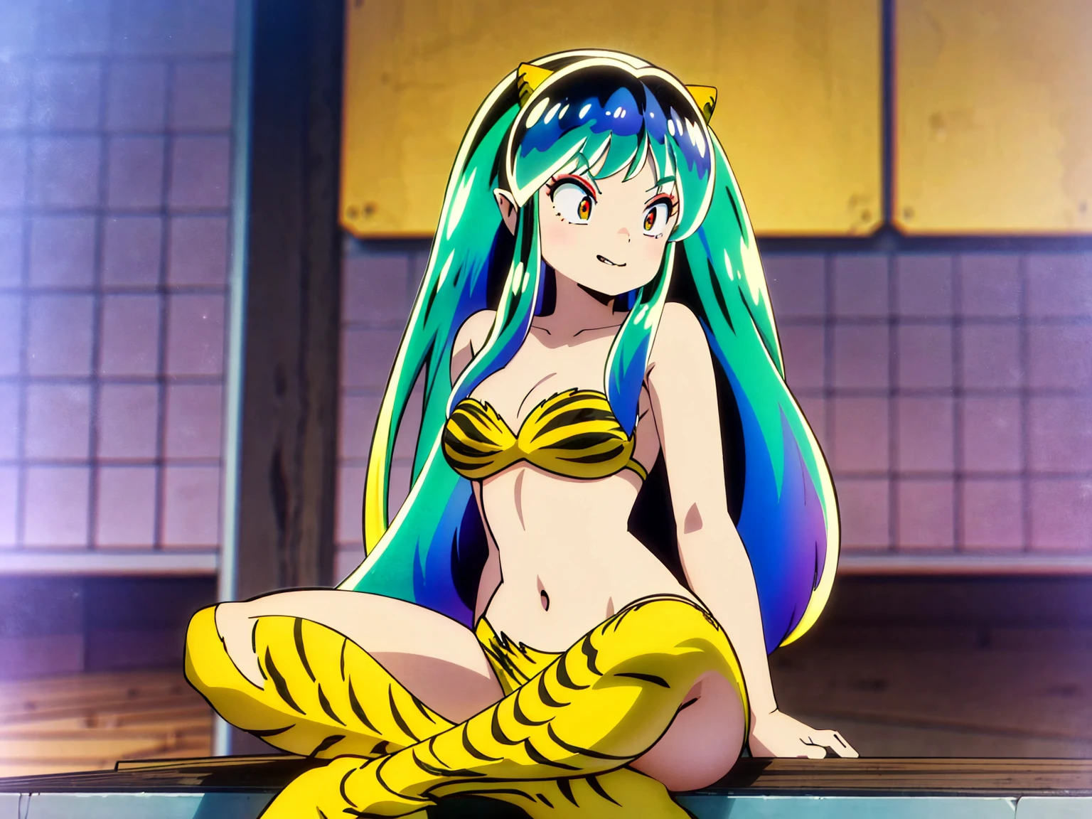 Tabletop, Highest quality, Ultra-high resolution, Highest quality, Anime Style, Alien Girl, They are, 17 years old, Attractive girl, Long Green Hair, Yellow horn, Ram, Ram_Bikini, Yellow tabby bikini, A carefree smile, Animated  expressions, Face Focus, close