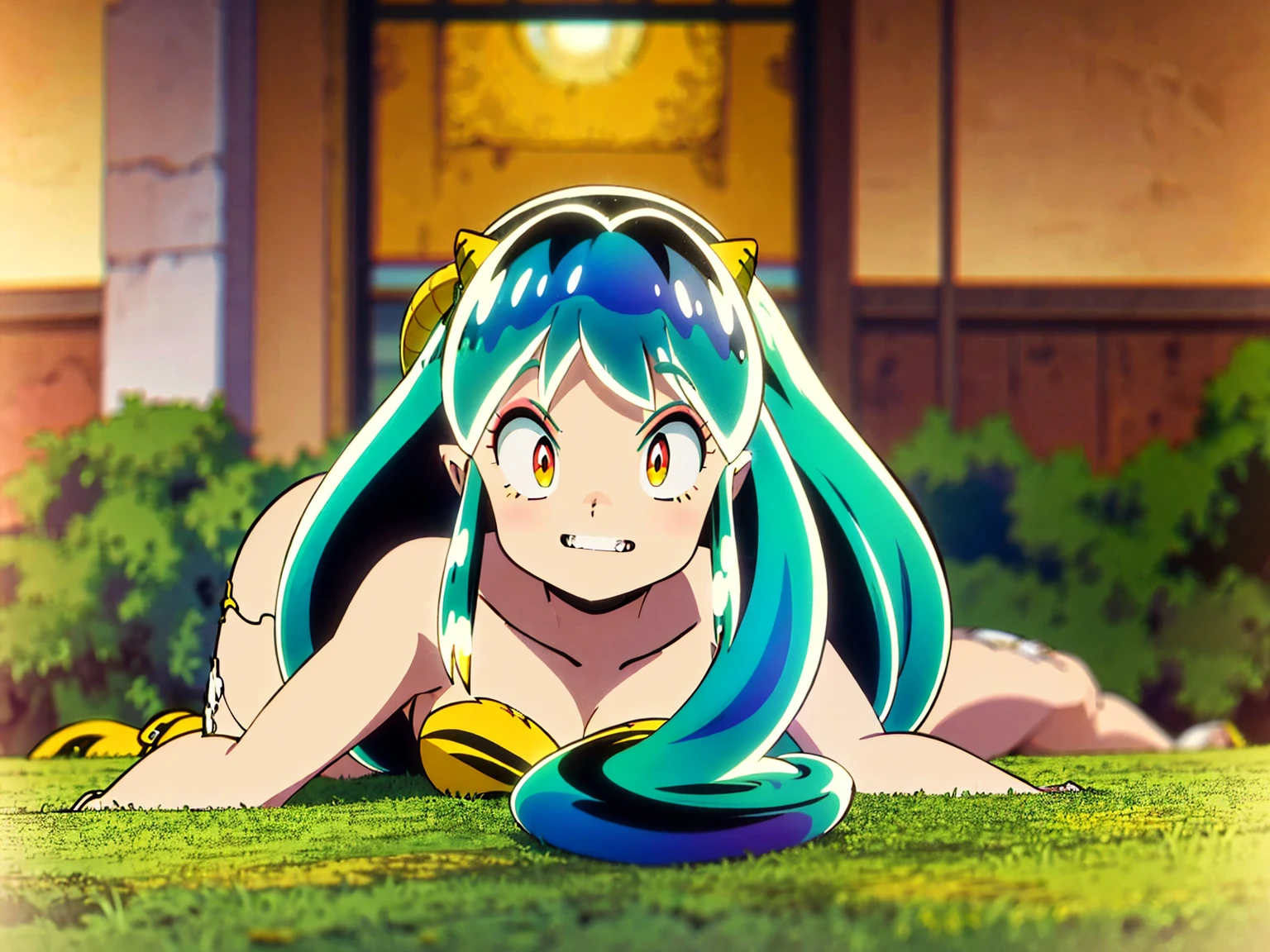 Tabletop, Highest quality, Ultra-high resolution, Highest quality, Anime Style, Alien Girl, They are, 17 years old, Attractive girl, Long Green Hair, Yellow horn, Ram, Ram_Bikini, Yellow tabby bikini, A carefree smile, Animated  expressions, Face Focus, close
