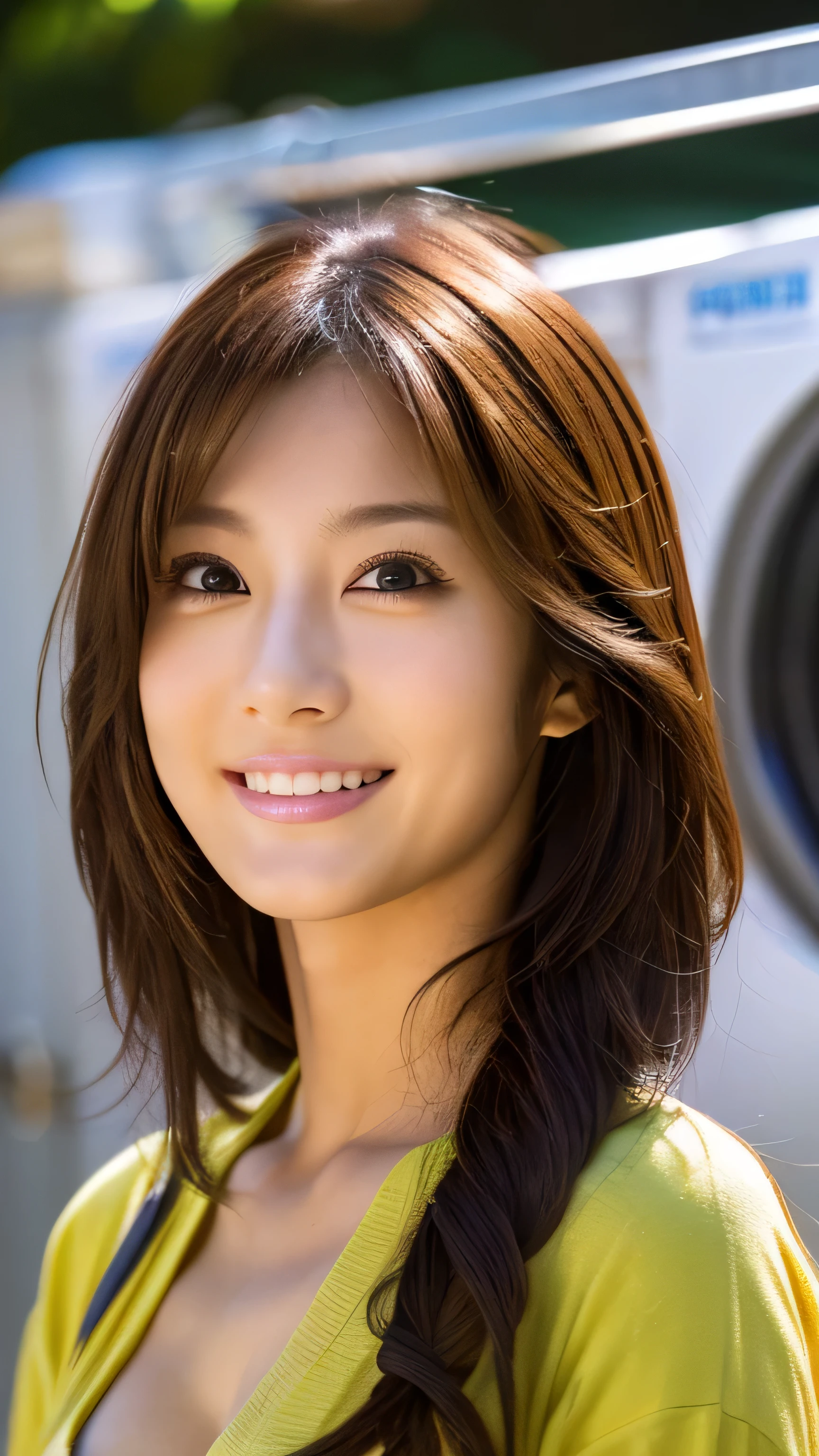 Coin laundry、Dynamic, cinematic photos,(ultra realistic, High resolution), (Highly detailed eyes, Highly detailed hair, highly Detailed face, Highly detailed plump lips，Perfect ),(Highest quality:1.4), RAW Photos, (Realistic, photo-Realistic:1.37), Professional photography, Cinematic Light, (Detailed face: 1.2),slim,(Famous Japanese actresses:1.2), Highly detailed skin, Very detailed face, Highly detailed nose, Highly detailed mouth, smile