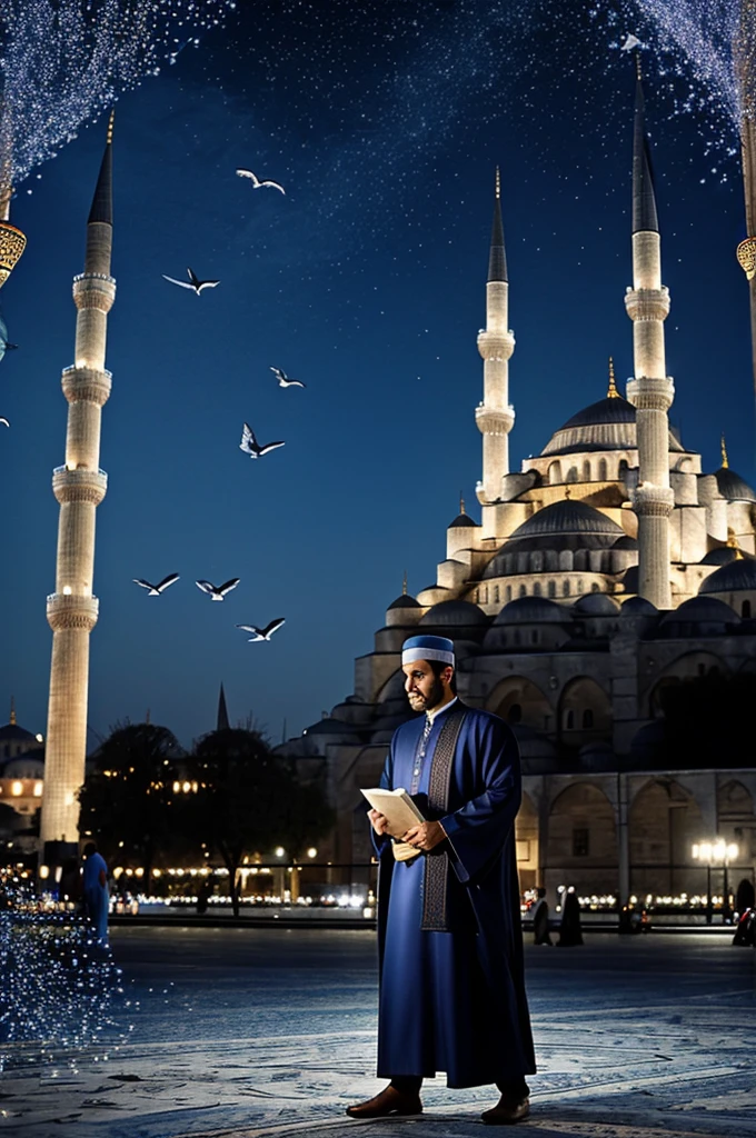 A man in traditional Islamic attire standing in front of the Blue Mosque in Istanbul, Turkey, with the text "Atik Eid Mubarak" overlaid on the image. The mosque is illuminated and surrounded by flying birds, creating a serene and celebratory atmosphere.