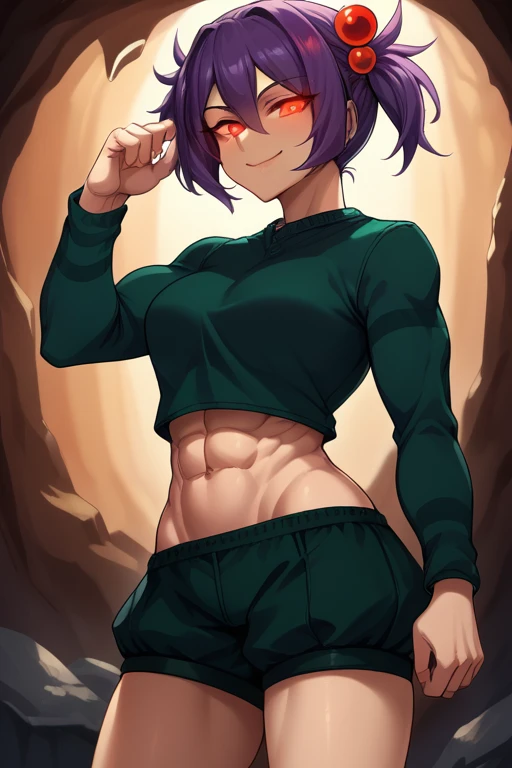 score_9, score_8_up, score_7_up, score_6_up, source_anime, BREAK 1girl,  spid3r, short twintails, purple hair, hair bobbles, green sweater, green shorts, looking at you, cave interior, cave, dark, looking at you, smile, closed mouth, glowing eyes, muscular figure, biceps, abs, ??????????????, 