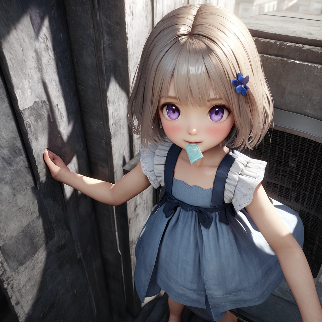 masterpiece, Highest quality, Very detailed, High resolution, An expensive solution, High resolution, 4K, 8K, ユニティ 8K 壁紙, Very detailed CG, masterpiece, Realistic, 2D, 3d, Beautiful details, depth, Fine texture, Super quality: 1.3, Fully focused, Crispy.skin, .he, Very cute anime girl about 3 years old, Expensive silver short hair, Girl about 3 years old, alone, pretty blue dress, expensive, blush, Mole, Part your lips, hair ornaments, heart, Purple eyes、Hold a  in your mouth、A defiant smile、Lifting her skirt, a dark alley、Sit on the air conditioner's outdoor unit