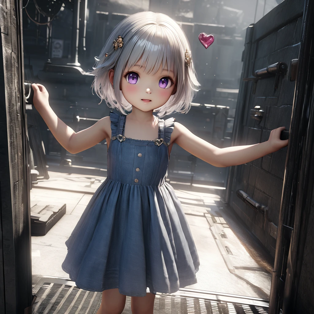 masterpiece, Highest quality, Very detailed, High resolution, An expensive solution, High resolution, 4K, 8K, ユニティ 8K 壁紙, Very detailed CG, masterpiece, Realistic, 2D, 3d, Beautiful details, depth, Fine texture, Super quality: 1.3, Fully focused, Crispy.skin, .he, Very cute anime girl about 3 years old, Expensive silver short hair, Girl about 3 years old, alone, pretty blue dress, expensive, blush, Mole, Part your lips, hair ornaments, heart, Purple eyes、Hold a  in your mouth、A defiant smile、Lifting her skirt, a dark alley、Sit on the air conditioner's outdoor unit