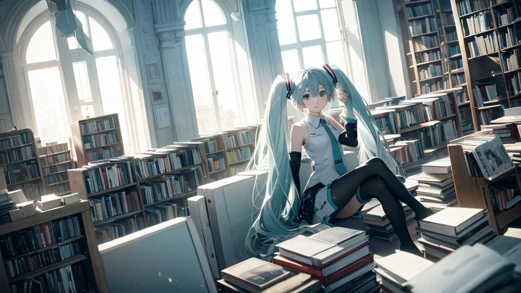 White haired Hatsune Miku、A library with an otherworldly atmosphere where books seem to float in the air