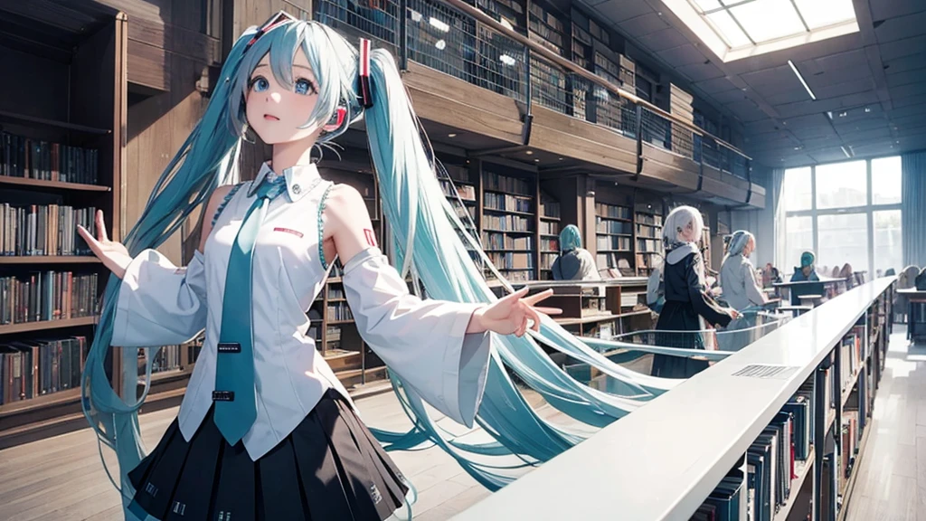 White haired Hatsune Miku、A library with an otherworldly atmosphere where books seem to float in the air
