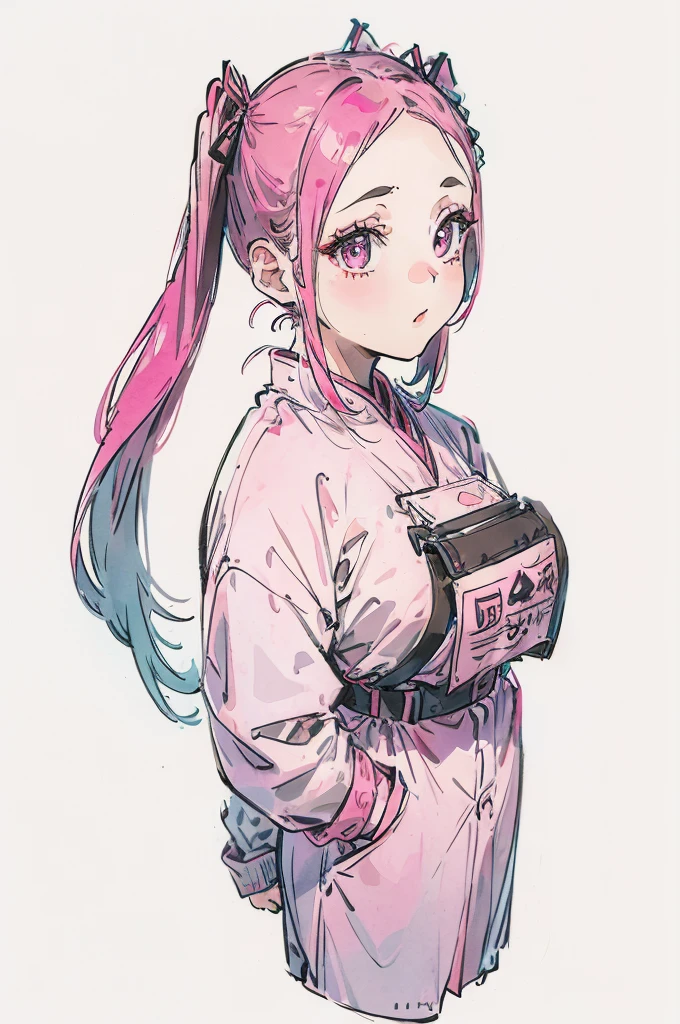 Cute Girls Landmine makeup Mass production type Half-up twin tails White background Full-body portrait Tactile hair Pink inner color