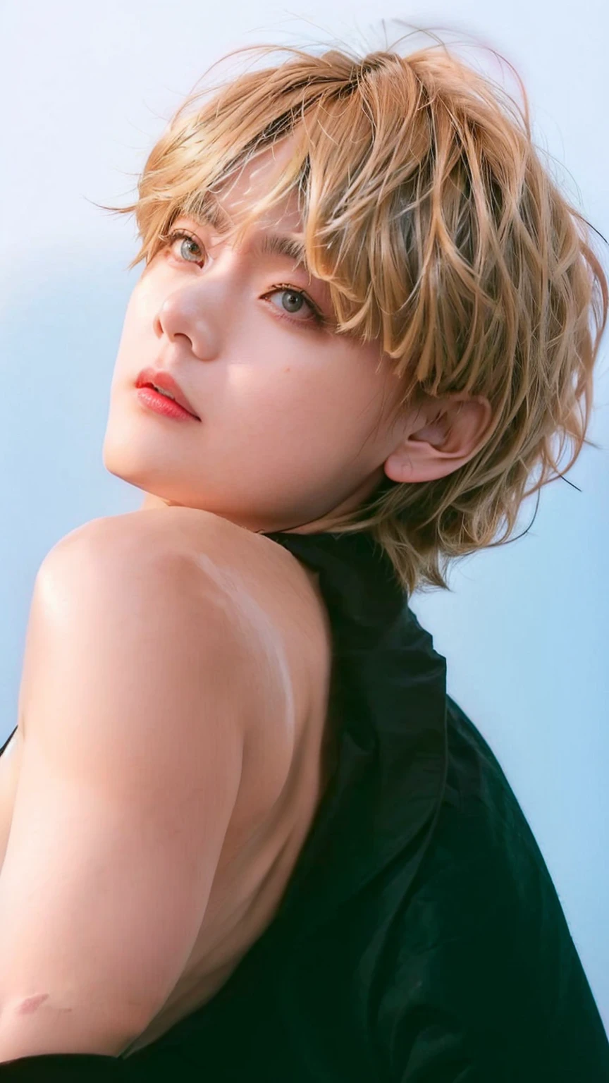 a close-up of a person with a black blouse and blonde hair, cai xukun, Kim Taehyung , main visuals of the anime, portray a woman as real, Taehyung Kim, with short hair, by Taehyung, Sui Ishida, ayami you are, also, macoto takahashi, offcial art, than