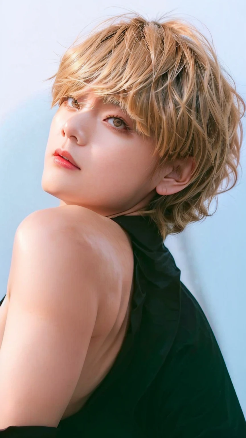 a close-up of a person with a black blouse and blonde hair, cai xukun, Kim Taehyung , main visuals of the anime, portray a woman as real, Taehyung Kim, with short hair, by Taehyung, Sui Ishida, ayami you are, also, macoto takahashi, offcial art, than