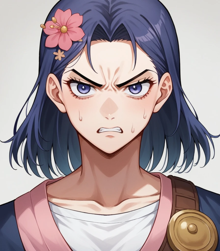 drawing of a woman with a flower on her face, anime styled, jojo anime style, detailed anime face, anime face, hisoka, highly detailed angry anime face, anime inspired, face anime portrait, angry look, stern look, pretty anime face, yayoi kasuma, anime style character, anime style portrait, portrait of hisoka hunter hunter