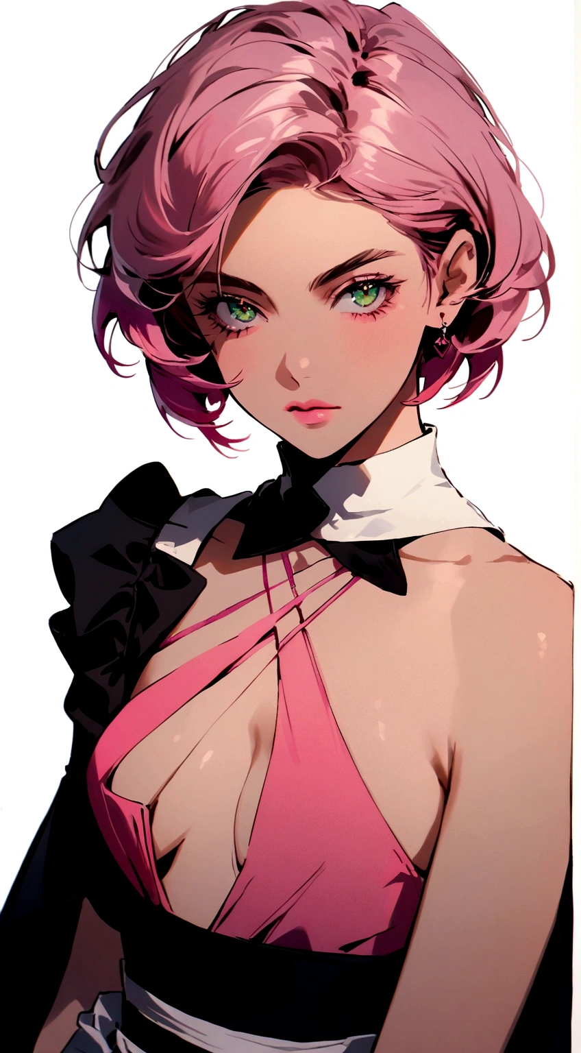 1 girl , green eyes, very Short hair, pink choker, lipstick, Shy smile, pink hair , portrait , ponytail