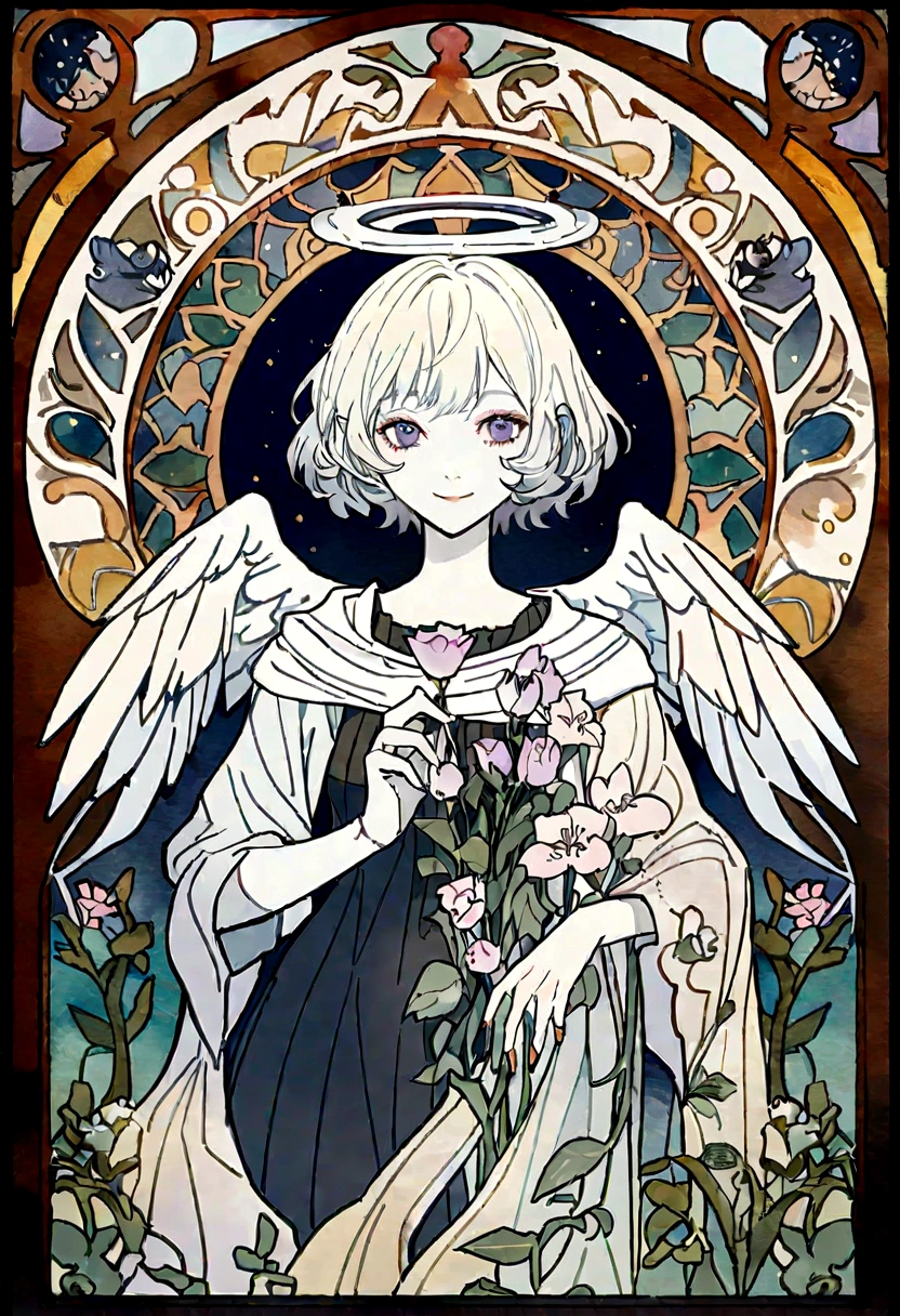 Extremely detailed and vivid watercolor paintings, Angel, Female figure, short hair, A gentle gaze, smile, flower, Detailed cover art, With wings, Holy Halo, Picking roses, アルフォンス・マリア・Muchaとギュスターヴ・キルムートのスタイル, Accents Art Nouveau, アルフォンス・Mucha, Gustavo Klimt, Pale skin, Marble sculpture, CGSesociedade, Gothic art, Art Nouveau, Behance Contest Winner、Mucha