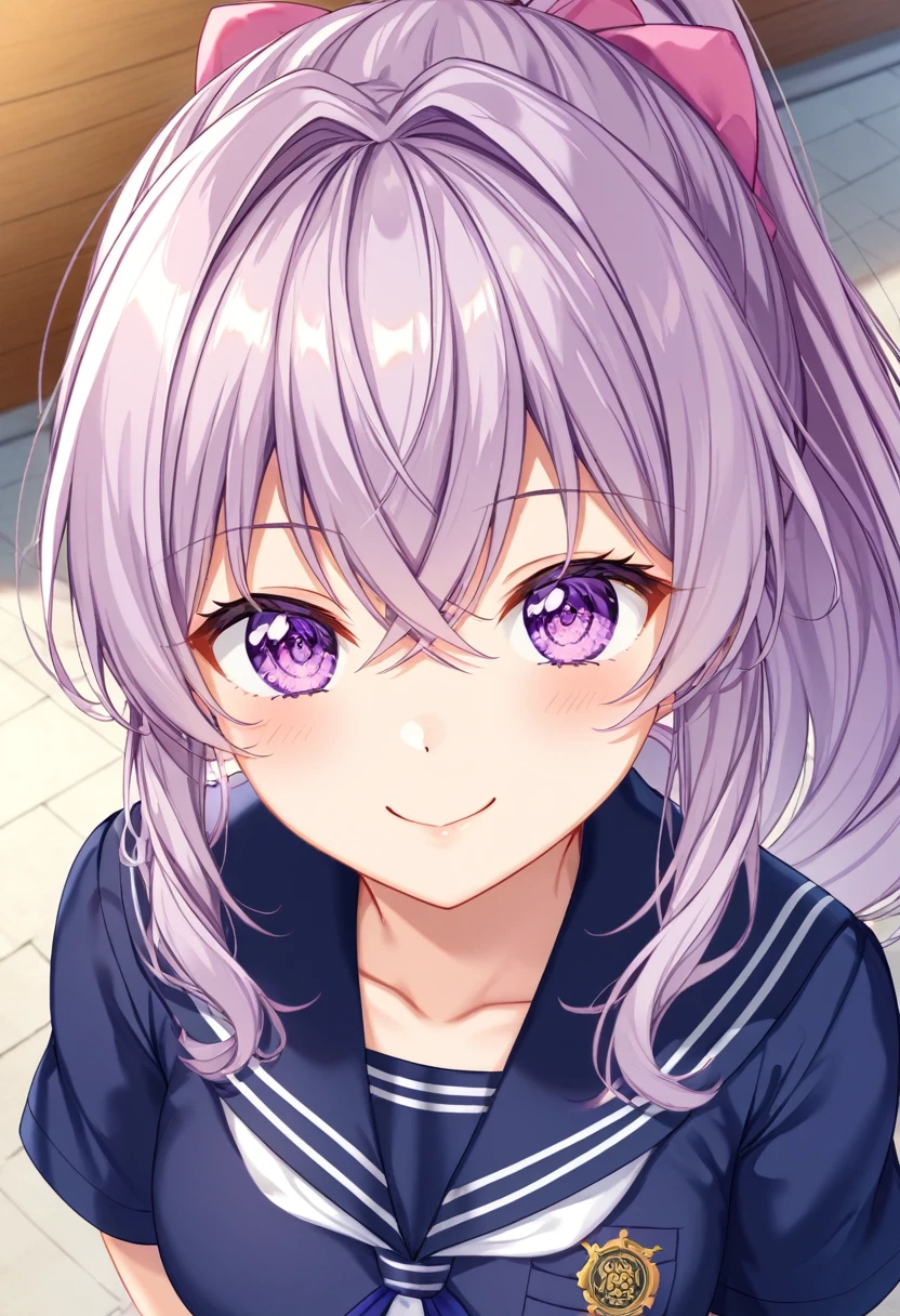 (((masterpiece)))(((Highest quality)))(((8K)))(((4K)))One 、12 years olair、Pink high ponytail、Crossed bangs、Light purple eyes、Squint your eyes、smile、Cute JK Uniform、From above at an angle、Upper Body、Anime Style、