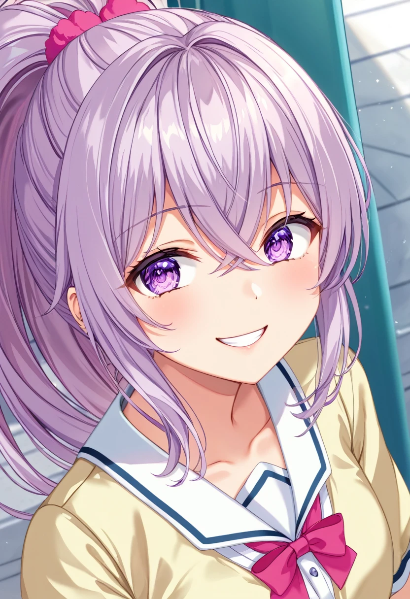 (((masterpiece)))(((Highest quality)))(((8K)))(((4K)))One Little Girl、12 years old、Straight Hair、Pink high ponytail、Crossed bangs、Light purple eyes、Squint your eyes、smile、Cute JK Uniform、From above at an angle、Upper Body、Anime Style、