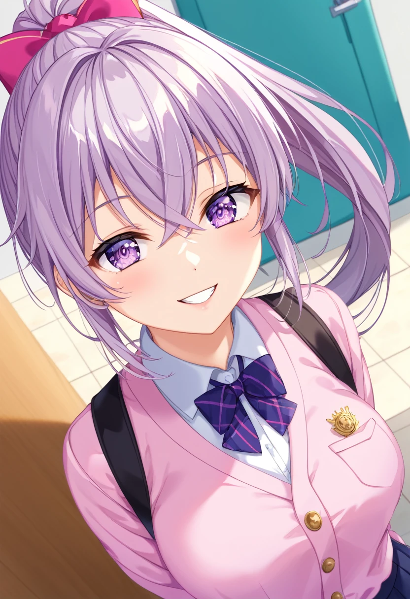 (((masterpiece)))(((Highest quality)))(((8K)))(((4K)))One 、12 years olair、Pink high ponytail、Crossed bangs、Light purple eyes、Squint your eyes、smile、Cute JK Uniform、From above at an angle、Upper Body、Anime Style、