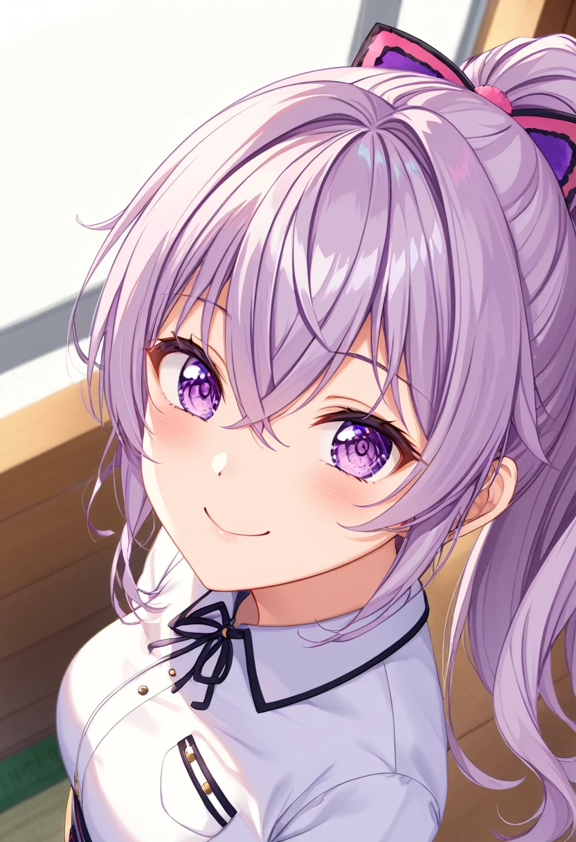(((masterpiece)))(((Highest quality)))(((8K)))(((4K)))One Little Girl、12 years old、Straight Hair、Pink high ponytail、Crossed bangs、Light purple eyes、Squint your eyes、smile、Cute JK Uniform、From above at an angle、Upper Body、Anime Style、