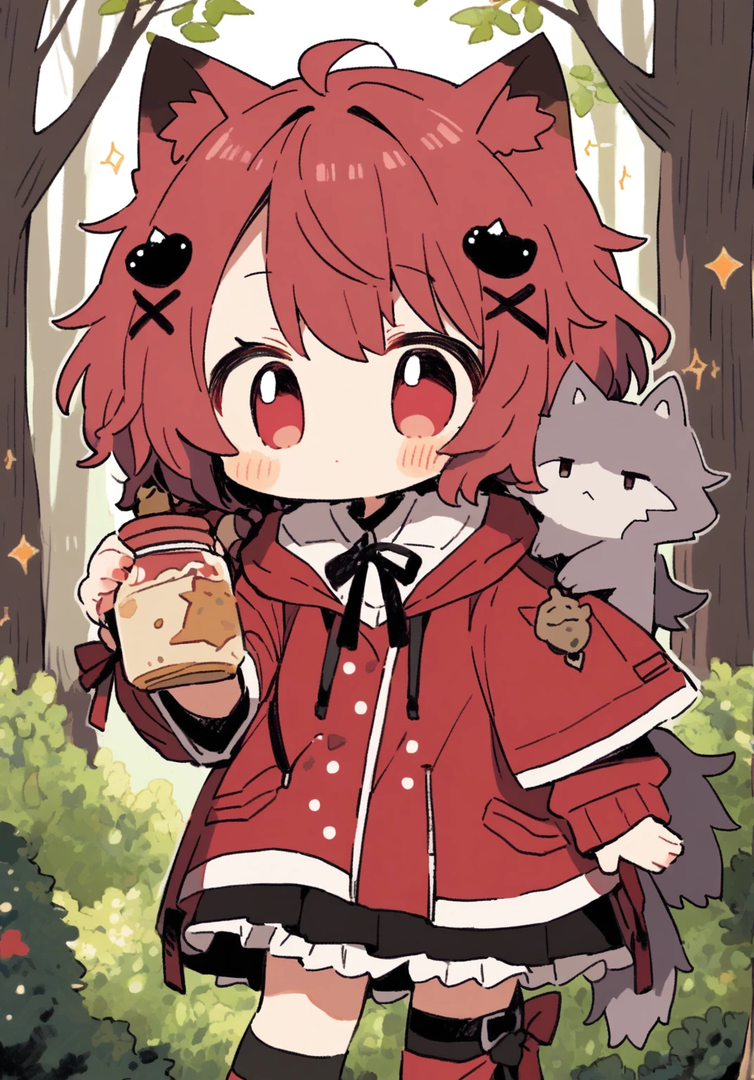 tegaki chibi 1girl 1boy Red hooded girl and wolf ears boy Couple In the forest Gothic Lolita