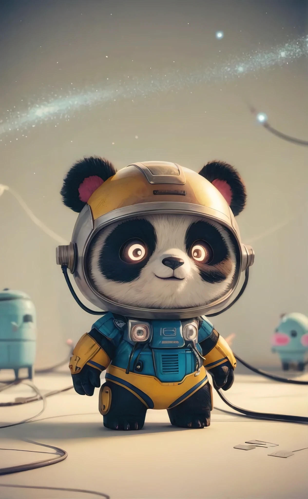 An adorable 3D animated cyborg panda character with a simple background, designed in a cute and friendly style. The panda wears a metallic helmet with a visor, and a blue and yellow suit with various wires and gadgets attached. Its eyes glow with a gentle light. The background is a minimalistic, starry sky with a few distant galaxies visible. The overall atmosphere of the image is playful and nostalgic, perfect for a children's animation or a sci-fi cartoon., 3d render