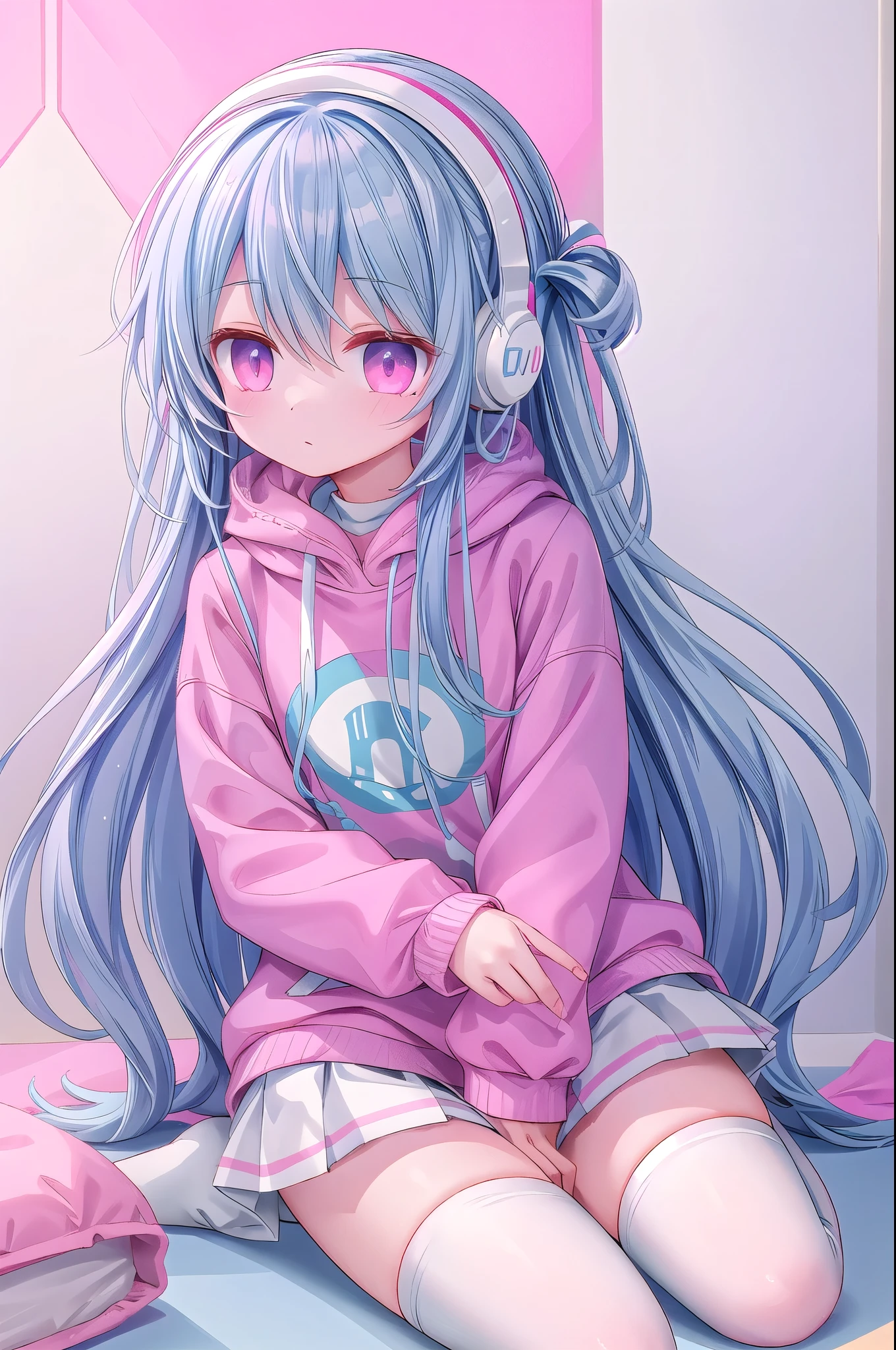 ，White knee socks，Light blue long hair，Pink and white sweatshirt，Pink Eyes，Blue headphones