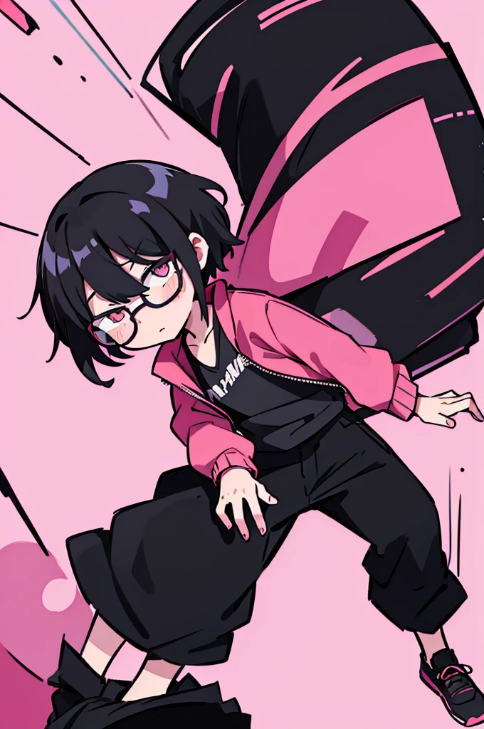 black pants, Sharp image, man, Black hair with pink ends, wearing a pink jacket. , has a dull, bored face, wears round glasses, has short, neat hair,