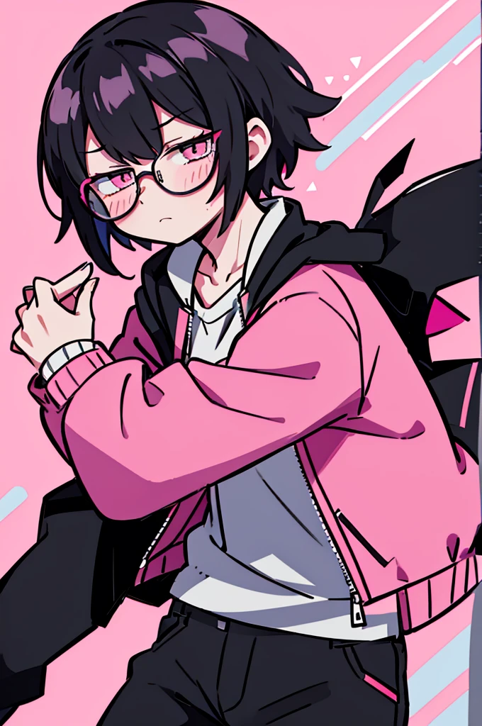 black pants, Sharp image, man, Black hair with pink ends, wearing a pink jacket. , has a dull, bored face, wears round glasses, has short, neat hair,