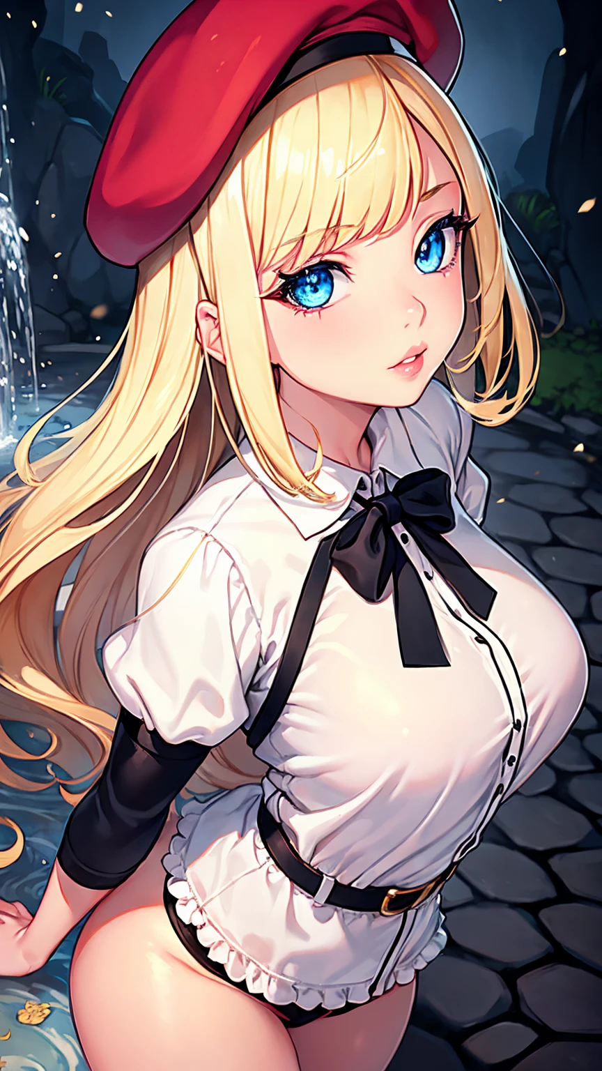 1girl, beautiful detailed eyes, beautiful detailed lips, extremely detailed face, long eyelashes, blonde hair, blue eyes, pink lips, , white shirt, black ribbon, charming atmosphere, manga artist, slightly erotic, wearing a red beret, holding a fountain pen and posing, anime-style, beautiful woman, her background is a solid black color that can be easily cropped, frontal view, looking up