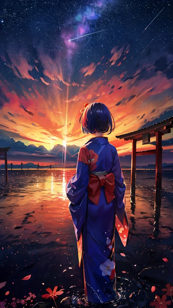 1girl, a distant girl in a kimono staring at the stars, (zoomed out: 1.1), (meteor shower: 1.2), (comet: 1.1), your name, low angle, from behind, northern lights, shooting stars, yukata, red kimono, cherry blossoms, Standing in the field, best quality, masterpiece, cloud, colorful, starry, stars,