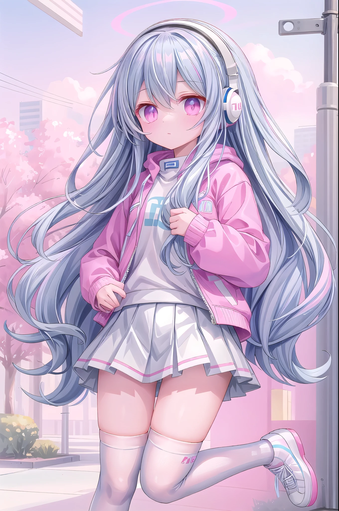,White knee socks,Light blue long hair,Pink and white sweatshirt,Pink Eyes,Blue headphones