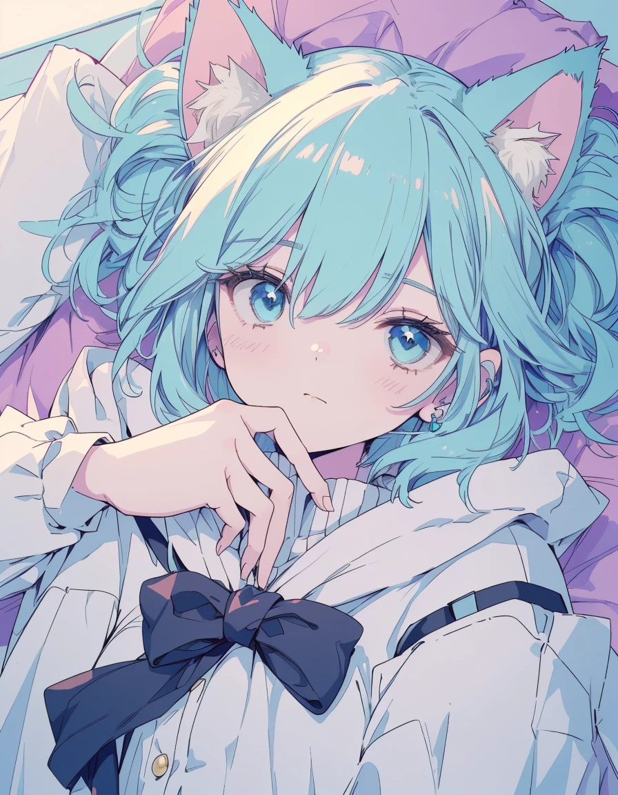 sleepy, lying, arms up, closed eyes, ((masterpiece, best quality:1.5)), ((Beautiful detailed cat aqua eyes:1.2)), cat ears, pale skin, small breasts, beautiful hands, beautiful fingers, EasyNegative