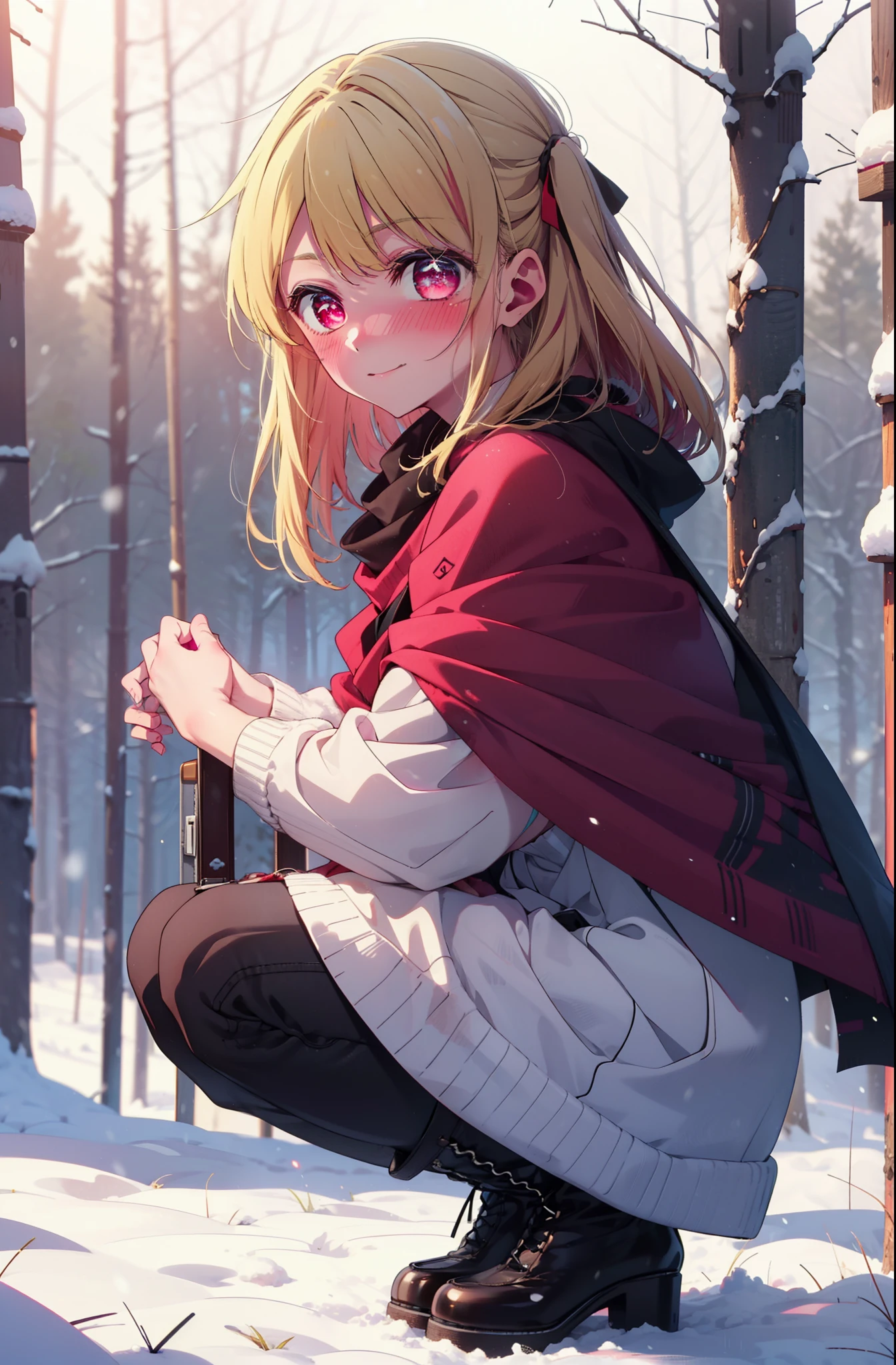 rubyhoshino, Hoshino Ruby, Long Hair, bangs, Blonde, (Pink Eyes:1.3), Side Lock, (Symbol-shaped pupil:1.5), Multicolored Hair, Two-tone hair, smile,,smile,blush,White Breath,
Open your mouth,snow,Ground bonfire, Outdoor, boots, snowing, From the side, wood, suitcase, Cape, Blurred, , forest, White handbag, nature, Squat, Mouth closed, Cape, winter, Written boundary depth, Black shoes, red Cape break looking at viewer, Upper Body, whole body, break Outdoor, forest, nature, break (masterpiece:1.2), Highest quality, High resolution, unity 8k wallpaper, (shape:0.8), (Beautiful and beautiful eyes:1.6), Highly detailed face, Perfect lighting, Highly detailed CG, (Perfect hands, Perfect Anatomy),