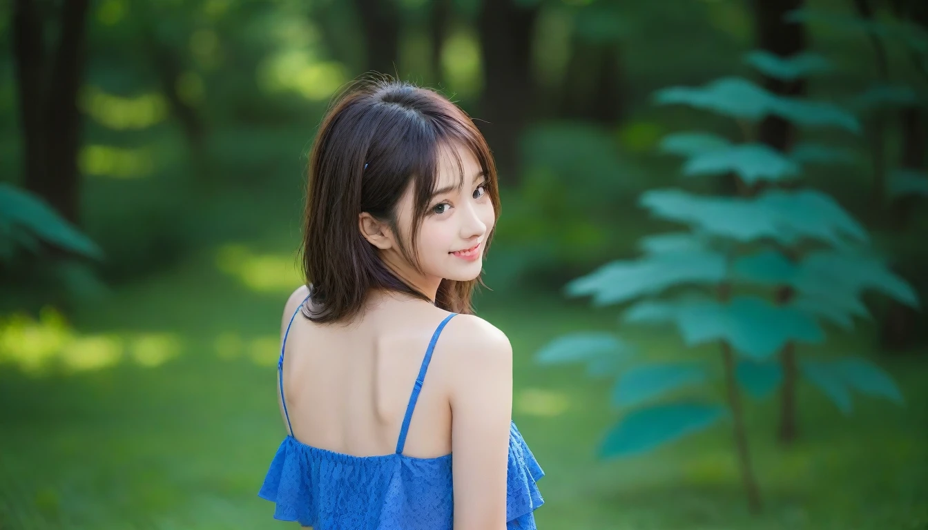 8K, Ultra-high resolution, Highest quality, masterpiece, 三分割法によるphotograph,Surreal, photograph, 1 girl, (16 years old:1.3), pretty girl, Cute face, Beautiful eyes in every detail, 細かくdetailedに,masterpiece,, One Girl:1.2, Japan Female Announcer,whole body,Young Wife,Girl with her back to the camera, Blue atmosphere dusk, Field, forest、Full of cleanliness,A carefree smile,Healing the heart,Semi-long layered hair,Looking at the audience、beauty,Long neck、Laugh a little、Please close your mouth and laugh、(((Ideal body type))),A-cup small breasts :2,、Portraiture:2、Perfect Anatomy、鮮明なdetailed、detailed、Surreal、Light and shadow,Strong light