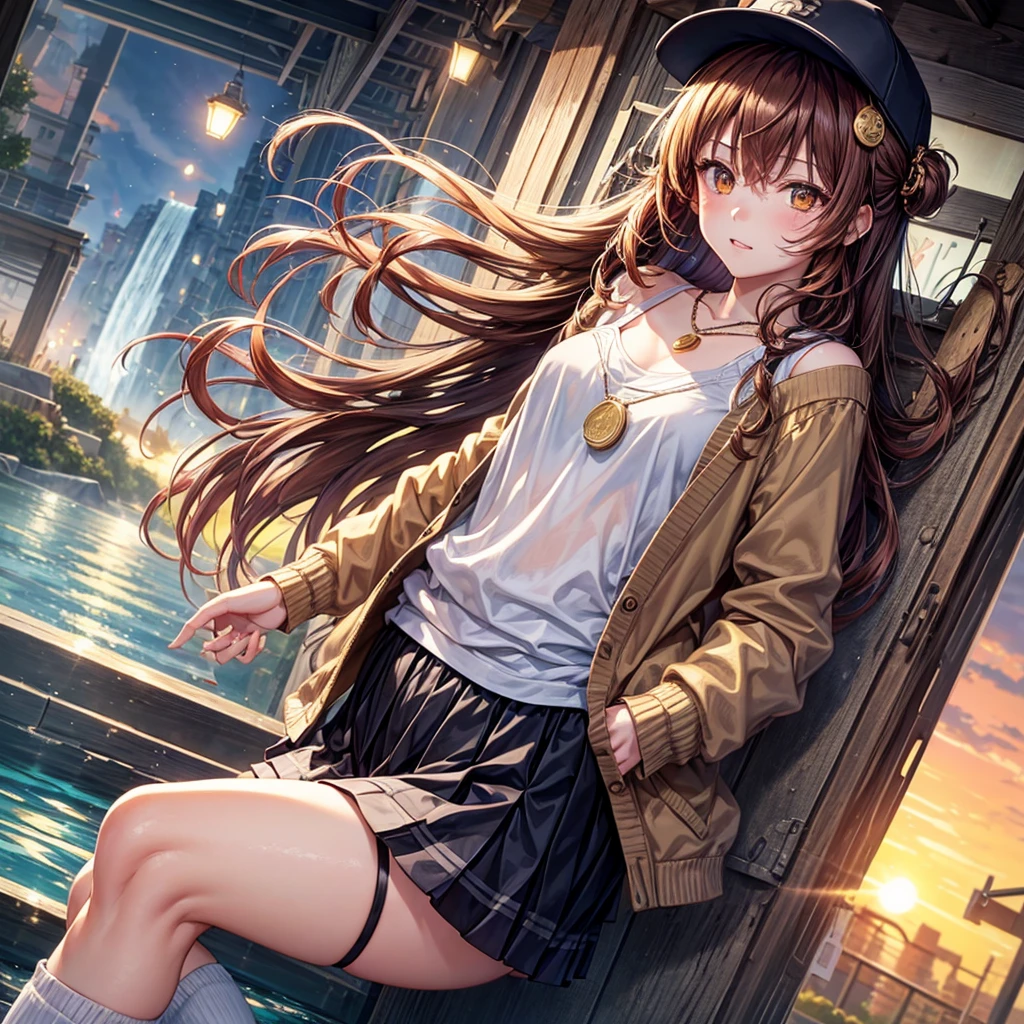 Red, brown, gold, gold hair、Golden Eyes、Hair tied up、One good looking girl、solo、anime、Checkered mini skirt、Ruffles on the skirt、camisole、camisole、Lightweight cardigan、Black knee-high socks、Wearing a baseball cap、Ribbon、Ribbon on waist、Teeth are visible、Sunset sky、Cumulonimbus、Silver coin necklace、shine、From above、Sparks are flying、tunnel、Cobblestones、Hands in pockets、waterfall、Clear Stream