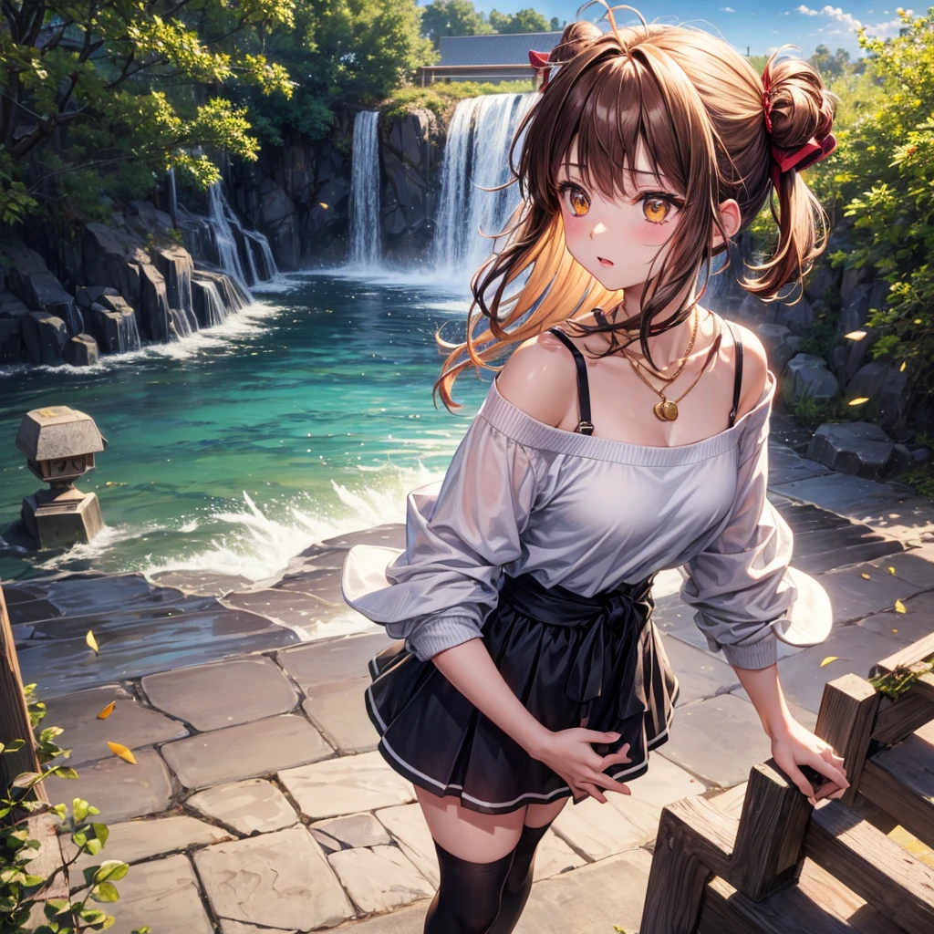 Red, brown, gold, gold hair、Golden Eyes、Hair tied up、One good looking girl、solo、anime、Checkered mini skirt、Ruffles on the skirt、camisole、camisole、Lightweight cardigan、Black knee-high socks、Wearing a baseball cap、Ribbon、Ribbon on waist、Teeth are visible、Sunset sky、Cumulonimbus、Silver coin necklace、shine、From above、Sparks are flying、tunnel、Cobblestones、Hands in pockets、waterfall、Clear Stream